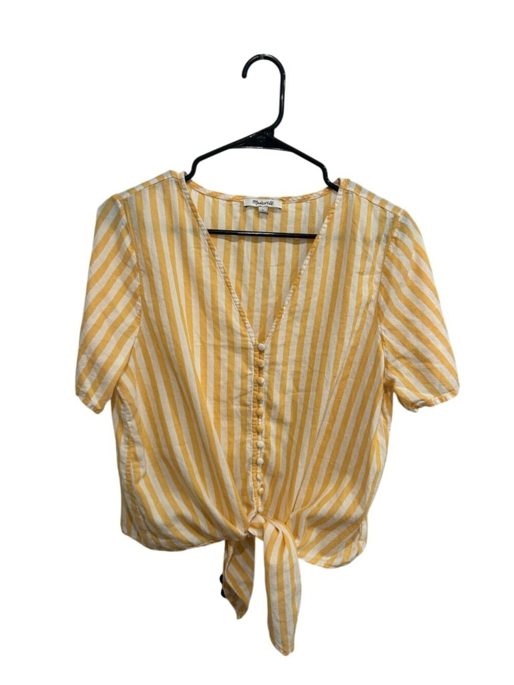 Madewell Large Yellow White Striped Button-Front Tie-Front Top Retro Minimalist